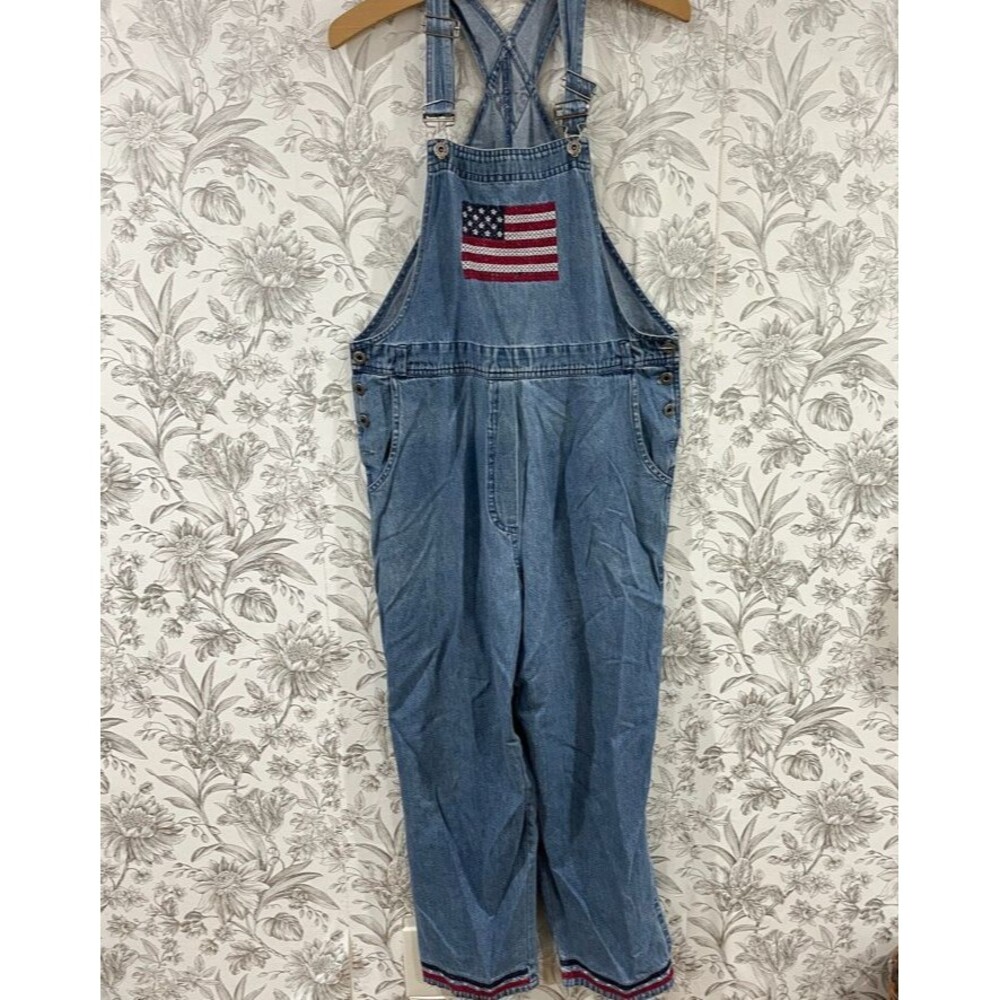 Denim Overalls with American Flag Patch - Blue